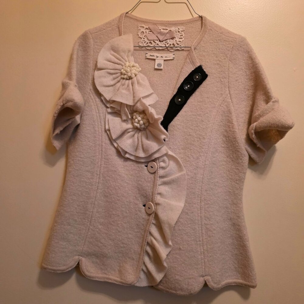 Anthropologie Cream Felted Wool Cardigan w/Bow L